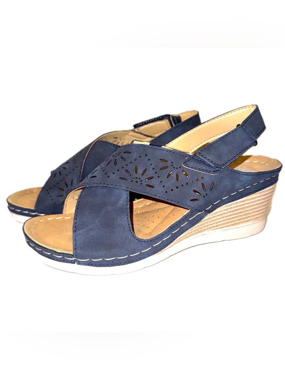 Lightweight Navy Blue X-Strap Casual Comfort Wedge Sandals, Sz 8